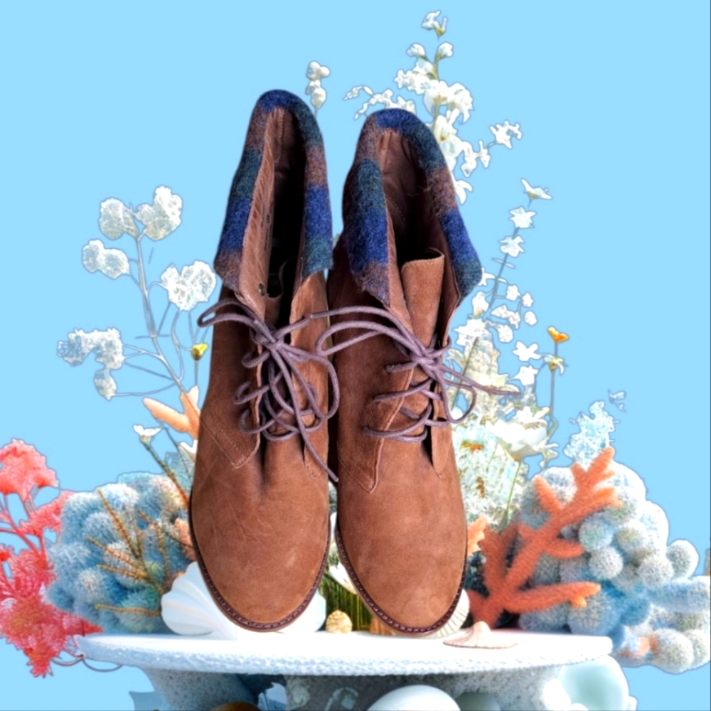 Ankle Wedge Boots with Blue Plaid Felt Trim 👢🥾🤎 Leather